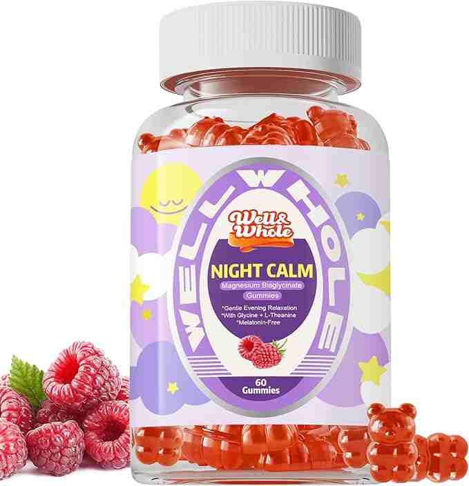 Magnesium Bisglycinate gummies in a glass jar on a dim evening table, ShopWellWhole night ritual