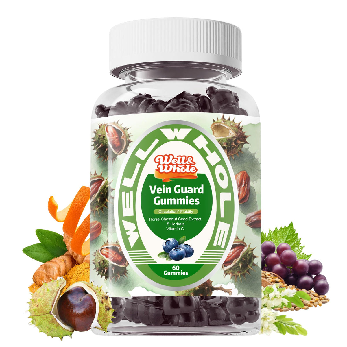 Horse Chestnut gummies in a glass jar on a dim evening table, ShopWellWhole night ritual