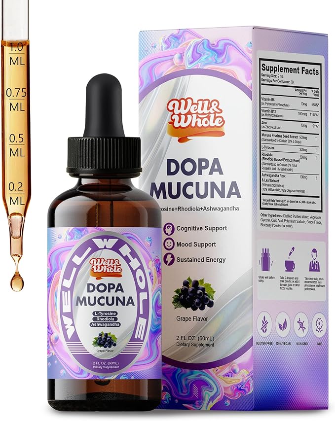 Mucuna Pruriens Liquid liquid drops bottle on a dim evening table, ShopWellWhole night ritual