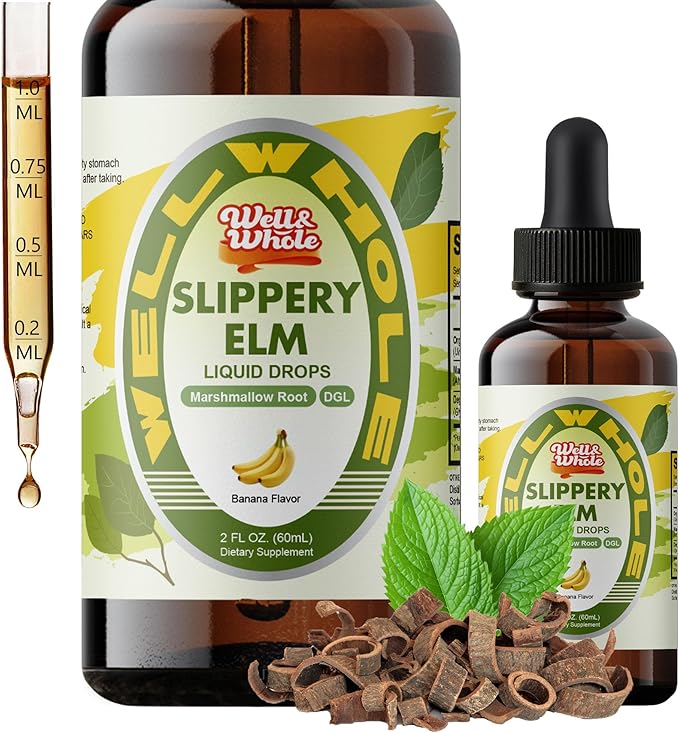 Slippery Elm liquid drops bottle on a dim evening table, ShopWellWhole night ritual